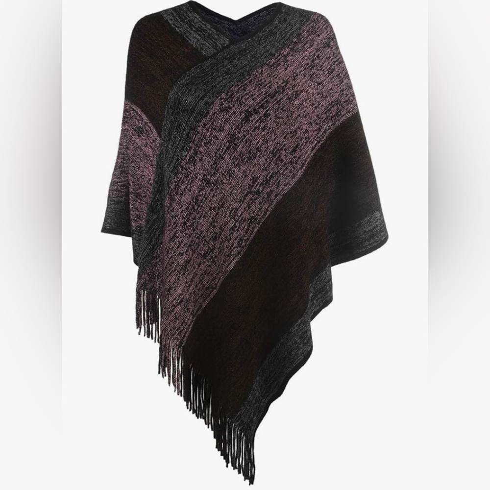 Elegant Faux Cashmere Knit Poncho – Pink/Burgundy One Size Fits Most Spring 🌷EC